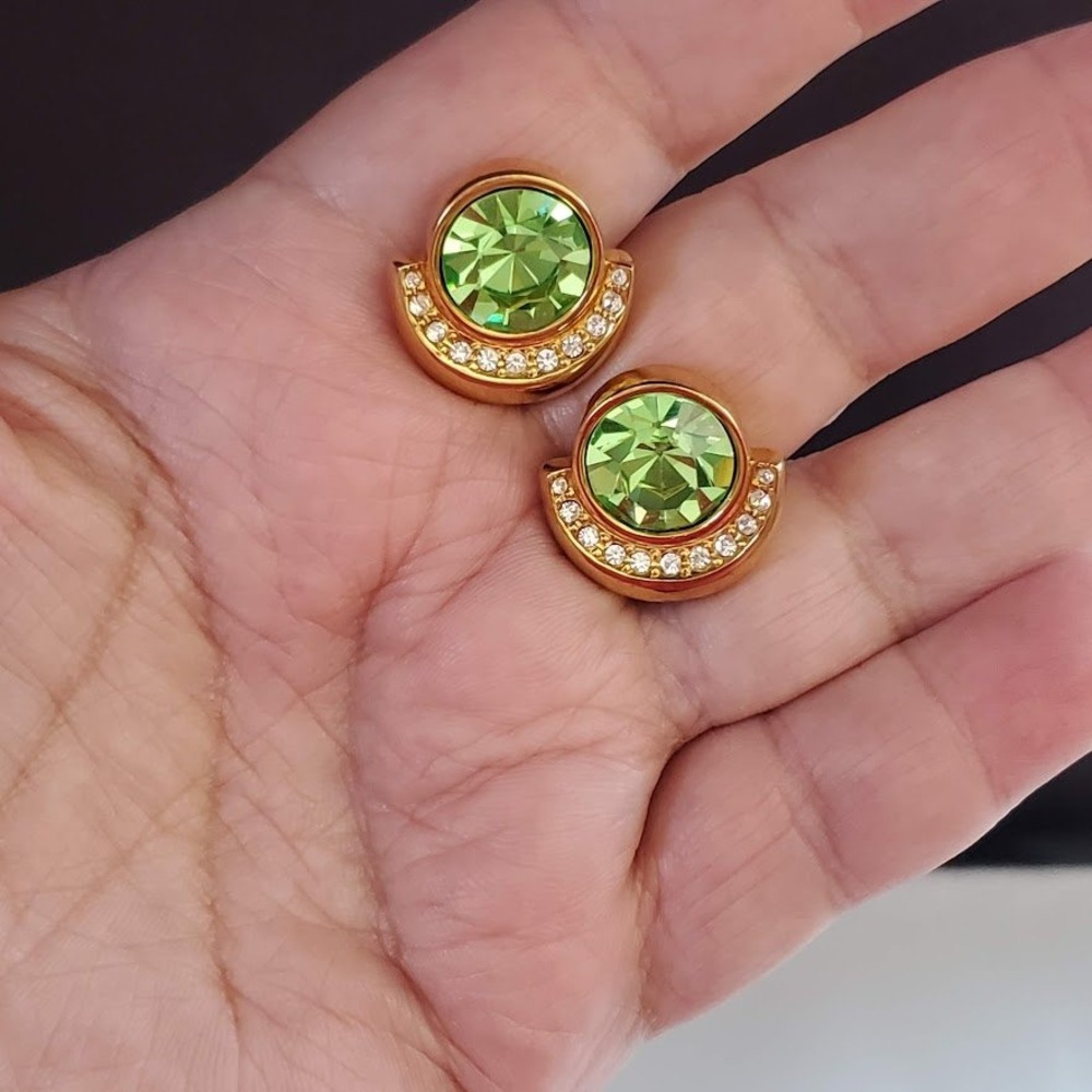 Swarovski Gold Plate Green Crystal Art Deco Style Clip On Earrings Swan Signed